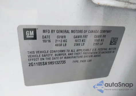 2017 Chevrolet Impala 1Lt z USA, uszkodzony, nr VIN 2G1105SA1H9132735